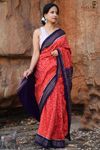 Load image into Gallery viewer, Mercerized cotton texture close-up of Shvetra Sambalpuri Bandha saree, orange and blue, Pasapali
