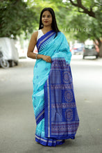 Load image into Gallery viewer, Sky Blue Mulberry Silk Sambalpuri Saree with Chakra Butis and Royal Blue Border
