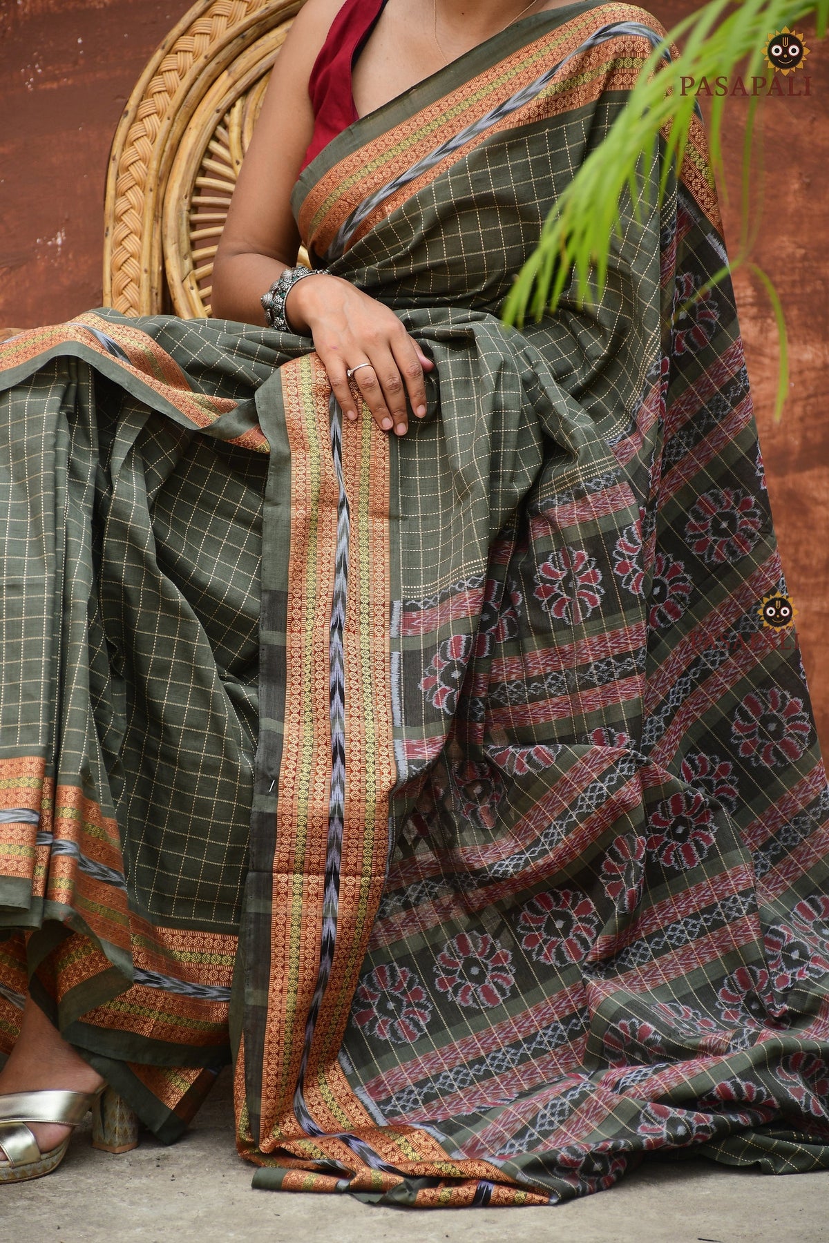 Smritirekha Greenish Grey Sambalpuri cotton saree flat lay showing full length — Pasapali handloom