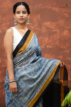 Load image into Gallery viewer, Smritirekha Sambalpuri cotton saree front drape — light blue mercerized cotton with shankha and Lakshmi yantra body
