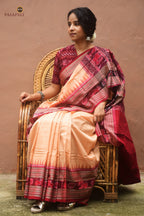 Sunanda light brown Sambalpuri Bandha mercerized cotton saree by Pasapali — full view with maroon chevron border