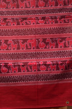 Border motif close-up on Sunanda — chevron ikat pattern in maroon on authentic Sambalpuri Bandha mercerized cotton saree