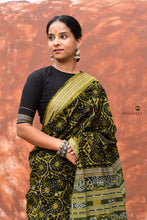 Load image into Gallery viewer, Suryalata Sambalpuri Bandha saree full view — black mercerized cotton with Lata-Phula Jaal and Rudraksha motifs
