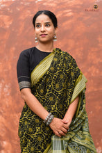 Load image into Gallery viewer, Suryalata Black Sambalpuri Bandha mercerized cotton saree by Pasapali — full hero view with Lata-Phula Jaal body
