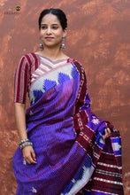 Load image into Gallery viewer, Tamasa Purple Kotpad natural dye saree flat lay — 5.40 metres Tussar Cotton Silk, tribal motifs, Pasapali
