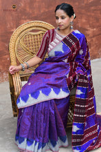 Load image into Gallery viewer, Tamasa Purple Kotpad Handloom saree worn view — phoda kumbha border and fish buta body, Pasapali
