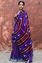Load image into Gallery viewer, Tamasa Purple Kotpad Handloom Tussar Cotton Silk saree by Pasapali — full view, natural aal bark dye, tribal motifs
