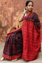 Load image into Gallery viewer, Tilottama Black Sambalpuri cotton saree front drape — ikat vertical stripes and maroon border detail, Bhulia handloom, Pasapali
