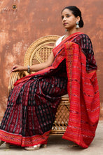 Load image into Gallery viewer, Tilottama red pallu close-up — flower and fish motifs in GI certified Sambalpuri Bandha double ikat, mercerized cotton, Pasapali
