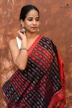 Load image into Gallery viewer, Tilottama Sambalpuri Bandha saree texture detail — mercerized cotton surface, resist-dyed ikat thread alignment, Bandhakala craft
