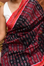 Load image into Gallery viewer, Tilottama Sambalpuri cotton saree fish and flower buta motif detail — double ikat Bandha alignment on black mercerized cotton
