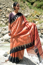 Load image into Gallery viewer, Vanadhara Kotpad saree front drape close-up, Tussar Cotton Silk texture, tribal geometric body
