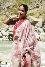 Load image into Gallery viewer, Vanajyoti body weave detail — tribal geometric and fish motifs on beige Tussar Cotton Silk, Kotpad handloom
