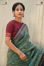 Vanalata green Sambalpuri cotton saree by Pasapali — full hero view, Bandha double ikat, Plula and Rudraksha motifs