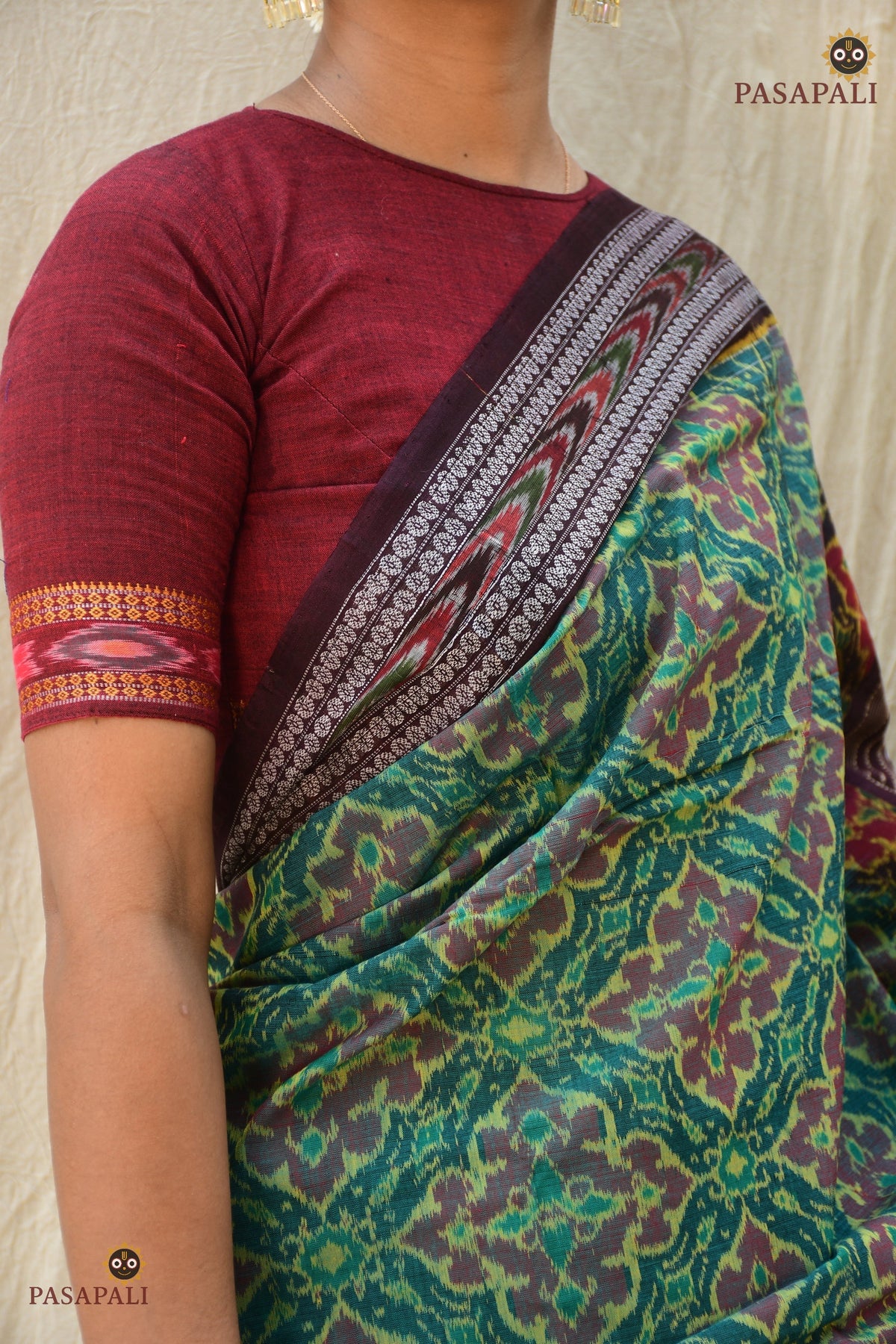 Vanalata Sambalpuri Bandha saree full length flat view — green mercerized cotton, Pasapali handloom Odisha