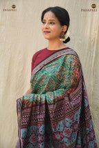 Vanalata green mercerized cotton Sambalpuri Bandha saree — front drape showing Plula body motif, Pasapali