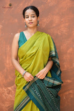 Load image into Gallery viewer, Vanasri green Sambalpuri Handloom mercerized cotton saree by Pasapali — full hero view with ikat stripes pallu and rudraksha ek phulia border
