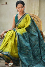 Load image into Gallery viewer, Handloom drape view of Vanasri green Sambalpuri Bandha mercerized cotton saree with ikat stripe pallu — Pasapali
