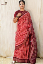 Load image into Gallery viewer, Vasumati Maroon Sambalpuri cotton saree by Pasapali — front drape showing ikat phula lata body pattern
