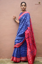 Yashodhara Blue Sambalpuri Handloom mercerized cotton saree by Pasapali — full view, Bandha double ikat, phula lata body