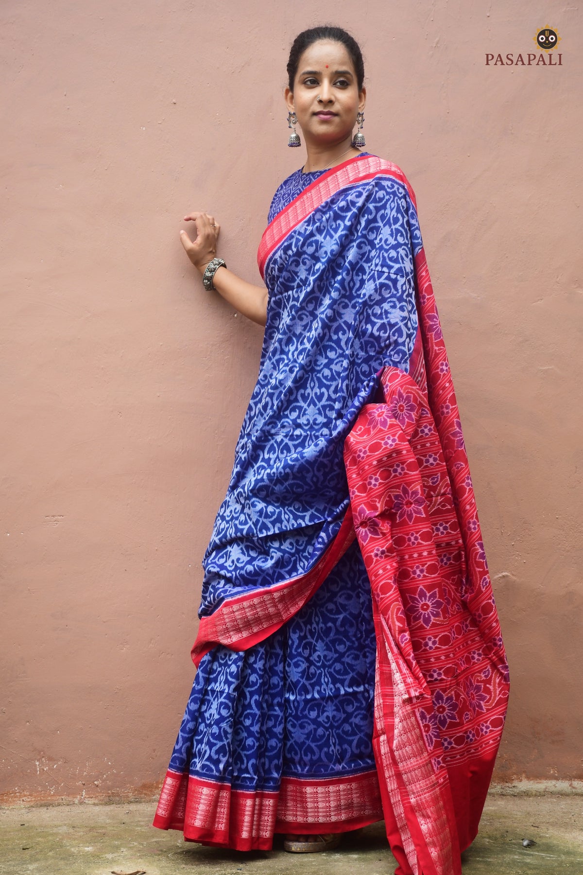 Yashodhara Blue Sambalpuri Handloom mercerized cotton saree by Pasapali — full view, Bandha double ikat, phula lata body