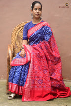 Fish motif border close-up on Yashodhara Blue Sambalpuri Bandha saree — Bhulia handloom, Pasapali